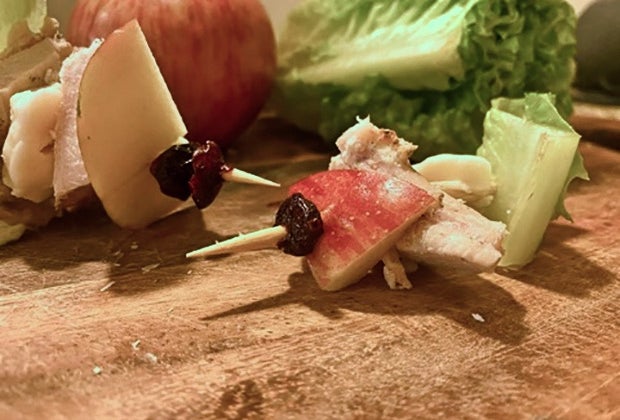 100 School Lunch Ideas for Kids: chicken apple salad on a toothpick