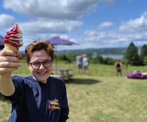 Enjoying some local cassis ice cream on the Ile d'Orleans.