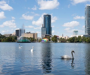 Lake Eola Park is a beautiful spot to host a cheap birthday party, with the ability to rent a space at Eola House. Photo courtesy Visit Florida
