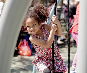 Climb on platforms dangling from ropes at Hester Street Playground. Photo by Jody Mercier
