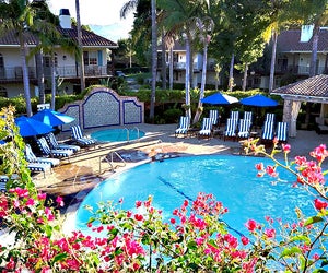 The Westlake Village Pool is a lovely flowery oasis. 