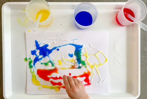 Rainbow salt gule painting has lots of steps to keep kids from being bored.