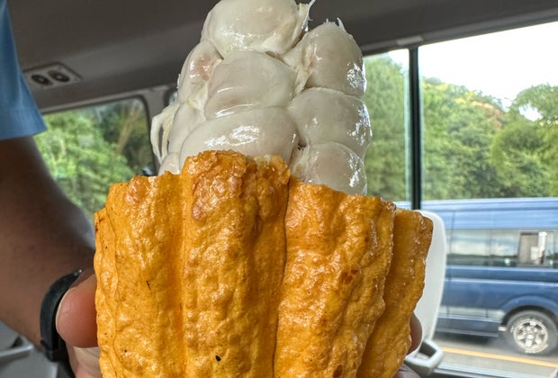 a raw cacao pod with slimy seeds you can suck on