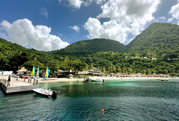 White sand beaches at Sugar Beach in St. Lucia.